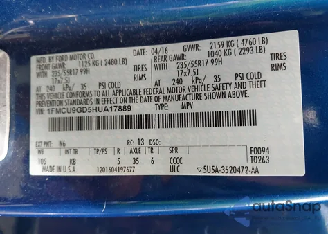 2017 Ford Escape Se z USA, uszkodzony, nr VIN 1FMCU9GD5HUA17889